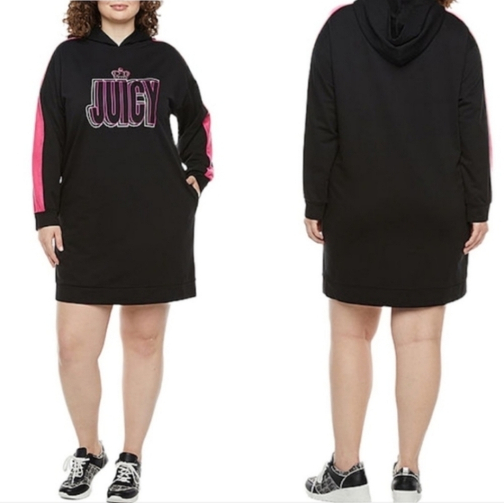 Juicy Couture Black Hoodie Dress with Pink Sleeve Stripes Size L New